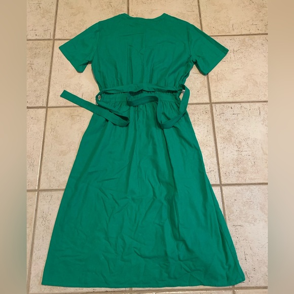 Michel Laurent Vintage 80s Silk Emerald Green Shirt Dress with Belt 11/12 - Picture 2 of 6